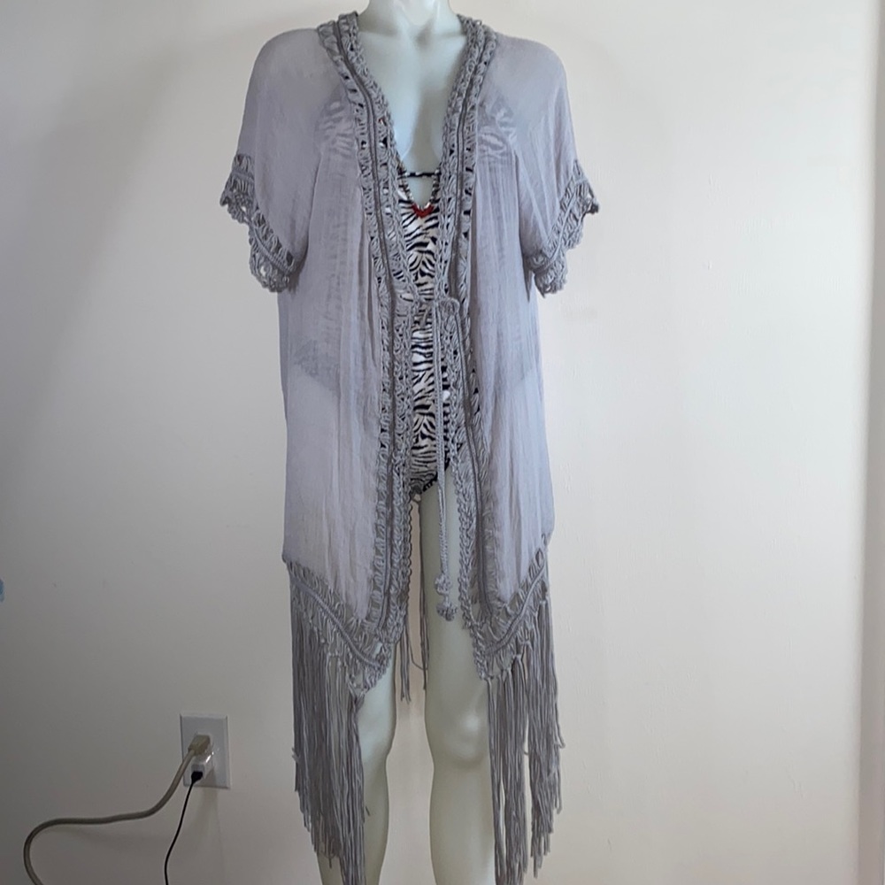 Forgotten Grace Swim Suit Cover Women’s L Gray Light Weight Kimono Fringe Boho